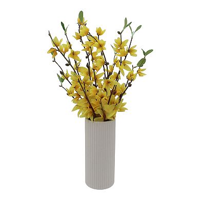 Everyday Decor Artificial Forsythia in Ceramic Ribbed Vase
