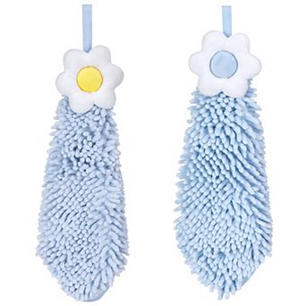 2 Packs Chenille Hand Towel, Hanging Bathroom Hand Towels with Loops, Absorbent Flower Towels 6"x15"