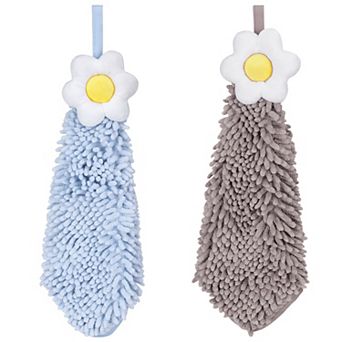 2 Packs Chenille Hand Towel, Hanging Bathroom Hand Towels with Loops, Absorbent Flower Towels 6"x15"