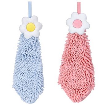 2 Packs Chenille Hand Towel, Hanging Bathroom Hand Towels with Loops, Absorbent Flower Towels 6"x15"
