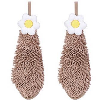 2 Packs Chenille Hand Towel, Hanging Bathroom Hand Towels with Loops, Absorbent Flower Towels 6"x15"