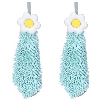2 Packs Chenille Hand Towel, Hanging Bathroom Hand Towels with Loops, Absorbent Flower Towels 6"x15"