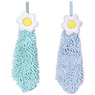 2 Packs Chenille Hand Towel, Hanging Bathroom Hand Towels with Loops, Absorbent Flower Towels 6"x15"