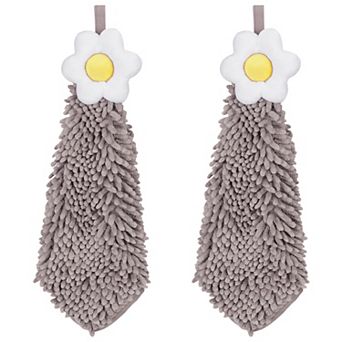 2 Packs Chenille Hand Towel, Hanging Bathroom Hand Towels with Loops, Absorbent Flower Towels 6"x15"