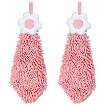 2 Packs Chenille Hand Towel, Hanging Bathroom Hand Towels with Loops, Absorbent Flower Towels 6"x15"