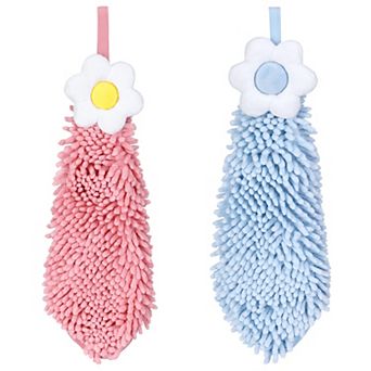 2 Packs Chenille Hand Towel, Hanging Bathroom Hand Towels with Loops, Absorbent Flower Towels 6"x15"