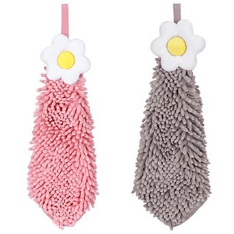 2 Packs Chenille Hand Towel, Hanging Bathroom Hand Towels with Loops, Absorbent Flower Towels 6"x15"