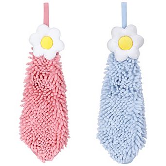 2 Packs Chenille Hand Towel, Hanging Bathroom Hand Towels with Loops, Absorbent Flower Towels 6"x15"