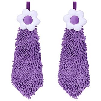 2 Packs Chenille Hand Towel, Hanging Bathroom Hand Towels with Loops, Absorbent Flower Towels 6"x15"