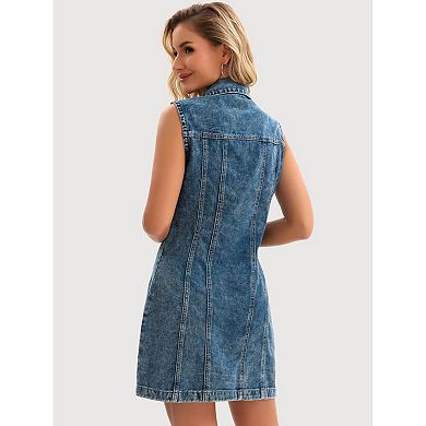 Women's Denim Dress Sleeveless Country Summer Collared Button Down Short Jean Dresses