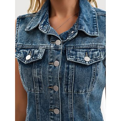 Women's Denim Dress Sleeveless Country Summer Collared Button Down Short Jean Dresses