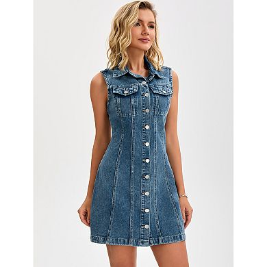 Women's Denim Dress Sleeveless Country Summer Collared Button Down Short Jean Dresses