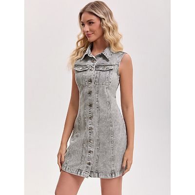 white christmas dresses Savannah Medium Wash V Neck Sleeveless Denim Mini Dress S / Medium Wash main image 0