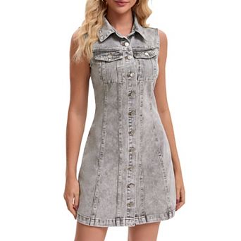 Women's Denim Dress Sleeveless Country Summer Collared Button Down Short Jean Dresses