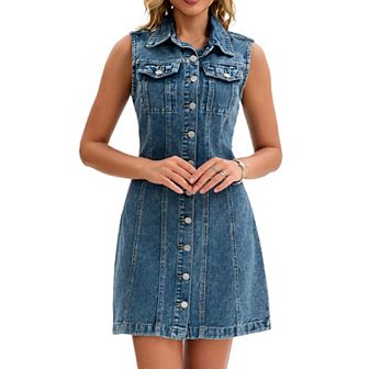Women's Denim Dress Sleeveless Country Summer Collared Button Down Short Jean Dresses
