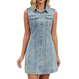 Women's Denim Dress Sleeveless Country Summer Collared Button Down Short Jean Dresses
