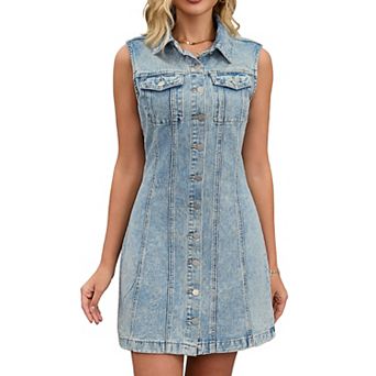 Women's Denim Dress Sleeveless Country Summer Collared Button Down Short Jean Dresses