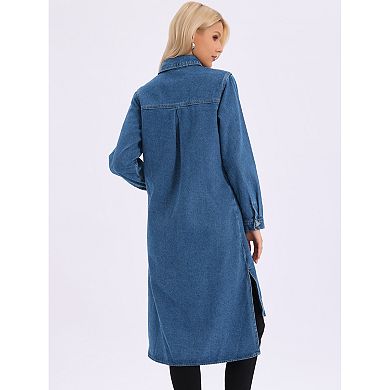Women's Denim Dress Button Down Curved Hem Fall Long Sleeve Midi Jean Shirt Dresses