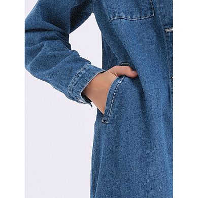 Women's Denim Dress Button Down Curved Hem Fall Long Sleeve Midi Jean Shirt Dresses