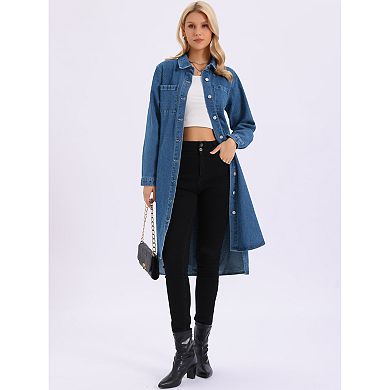 Women's Denim Dress Button Down Curved Hem Fall Long Sleeve Midi Jean Shirt Dresses
