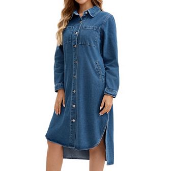 Women's Denim Dress Button Down Curved Hem Fall Long Sleeve Midi Jean Shirt Dresses