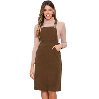 Women's Corduroy Overall Dress Adjustable Straps Sleeveless Square Neck Midi Dresses with Pockets