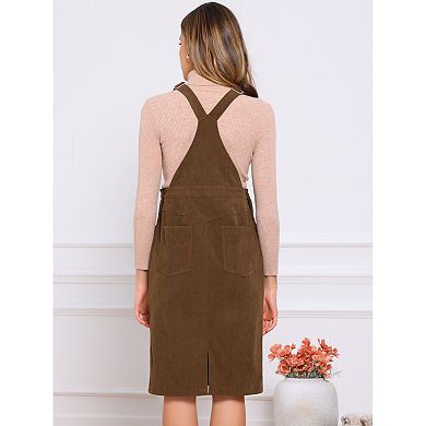 Women's Corduroy Overall Dress Adjustable Straps Sleeveless Square Neck Midi Dresses with Pockets