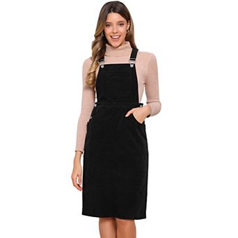Women's Corduroy Overall Dress Adjustable Straps Sleeveless Square Neck Midi Dresses with Pockets