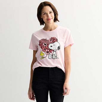Women's Peanuts Snoopy & Woodstock Valentine's Day Floral Heart Graphic Tee