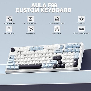 AULA F99, 99-Key, Wireless, Hot Swappable, Mechanical Gaming Keyboard, RGB, 5-Layer Padding