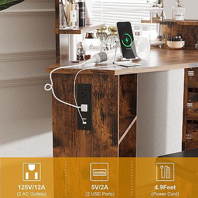 Corner Makeup Vanity Desk With Lights, Power Outlet, And Rotating Drawers-3 Color Lighting