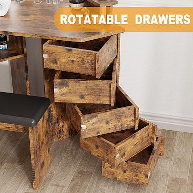 Corner Makeup Vanity Desk With Lights, Power Outlet, And Rotating Drawers-3 Color Lighting