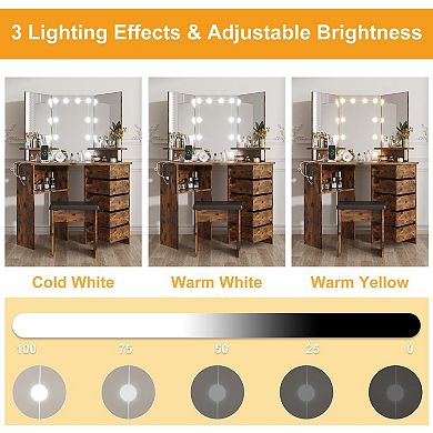 Corner Makeup Vanity Desk With Lights, Power Outlet, And Rotating Drawers-3 Color Lighting