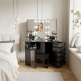Corner Makeup Vanity Desk With Lights, Power Outlet, And Rotating Drawers-3 Color Lighting