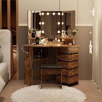 Corner Makeup Vanity Desk With Lights, Power Outlet, And Rotating Drawers-3 Color Lighting