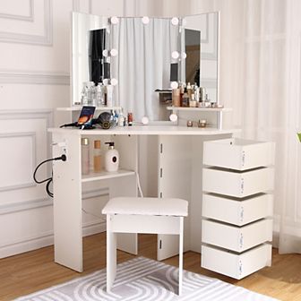 Corner Makeup Vanity Desk With Lights, Power Outlet, And Rotating Drawers-3 Color Lighting
