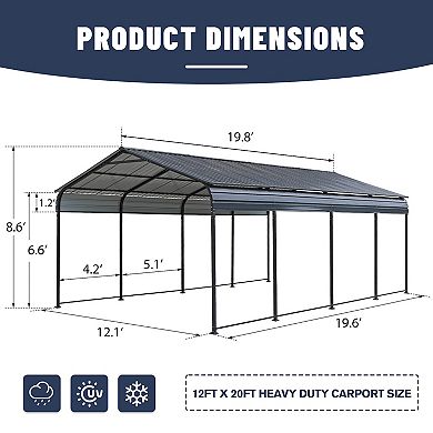 Metal Carport, 12X20 FT Heavy Duty Carport Canopy with Steel Roof and Frame