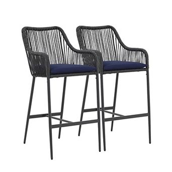 Wicker Bar Stools Set of 2, Patio Outdoor Rattan Bar Height Chairs with Cushions
