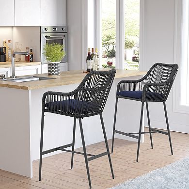 Wicker Bar Stools Set of 2, Patio Outdoor Rattan Bar Height Chairs with Cushions