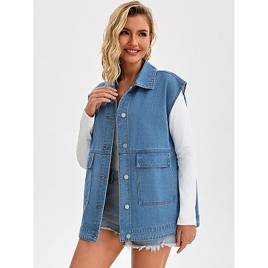Women's Oversized Denim Vest Collared Button Down Sleeveless Long Jean Jacket