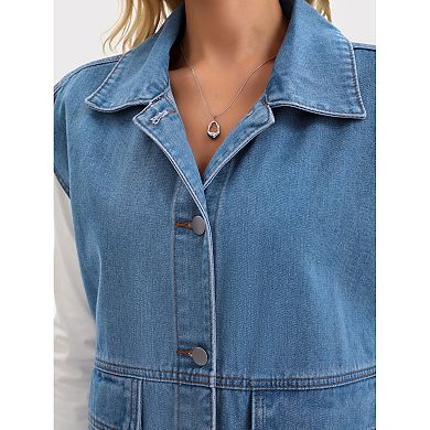 Women's Oversized Denim Vest Collared Button Down Sleeveless Long Jean Jacket