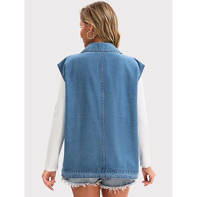Women's Oversized Denim Vest Collared Button Down Sleeveless Long Jean Jacket