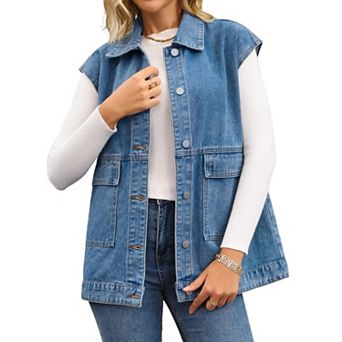 Women's Oversized Denim Vest Collared Button Down Sleeveless Long Jean Jacket