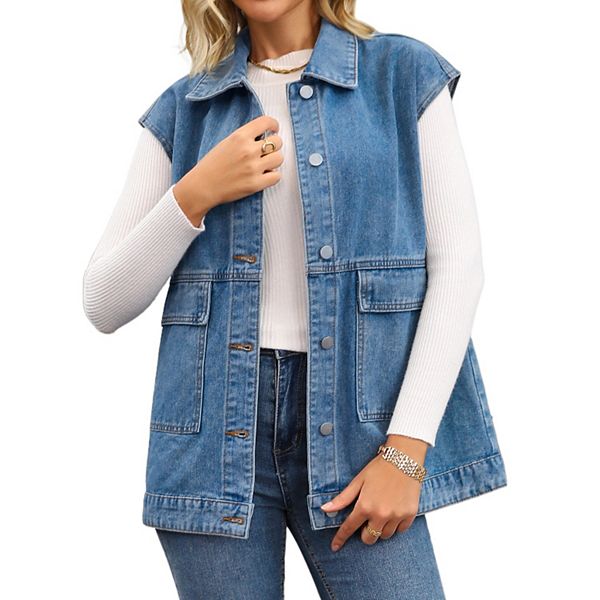 Women's Oversized Denim Vest Collared Button Down Sleeveless Long