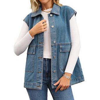 Women's Oversized Denim Vest Collared Button Down Sleeveless Long Jean Jacket