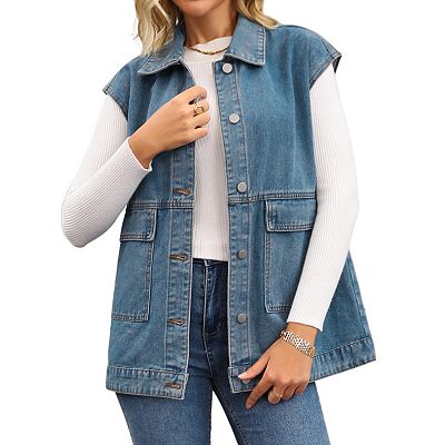 Women's Oversized Denim Vest Collared Button Down Sleeveless