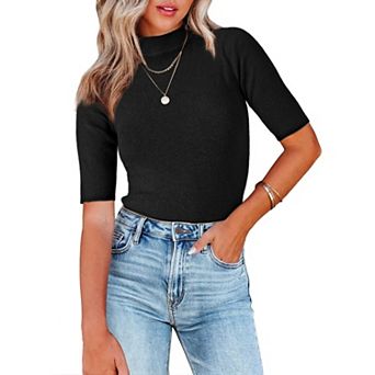 Women's Mock Neck Sweater Lightweight Slim Fit Half Sleeve Knit Pullover Tops