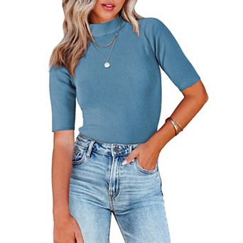 Women's Mock Neck Sweater Lightweight Slim Fit Half Sleeve Knit Pullover Tops