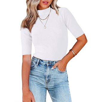Women's Mock Neck Sweater Lightweight Slim Fit Half Sleeve Knit Pullover Tops