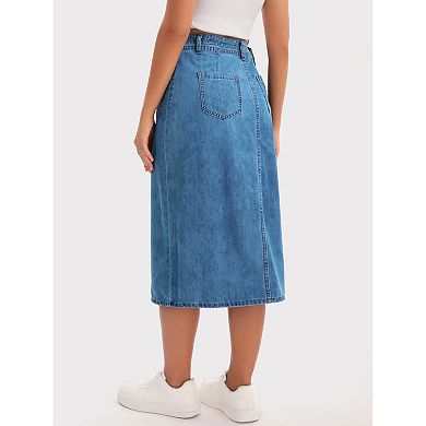 Women's Denim Skirt Button Down Front Slit with Pockets High Waist Pencil Skirt Midi Jean Skirts